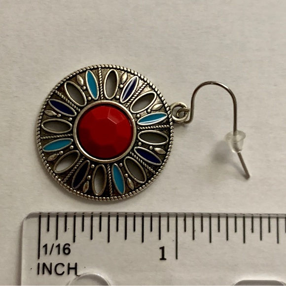 Boho Silver Floral Disk Drop Earrings - Picture 9 of 9